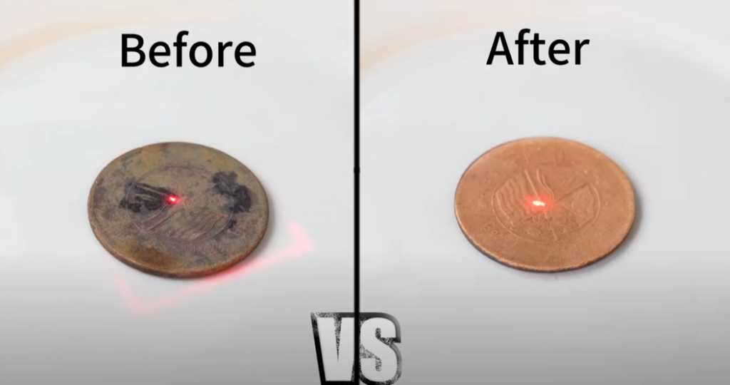 Remoção de ferrugem em uma moeda por um gravador a laser de fibra
